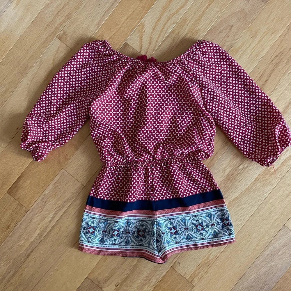 My Michelle Girls Red Geometric Print Off Shoulder Romper Tassel Tie Siz S Youth